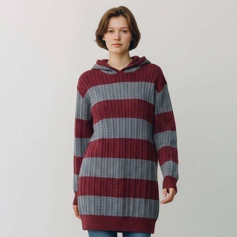 For Justify Burgundy Grey Striped Cable Knit Hooded Sweater Dress Small